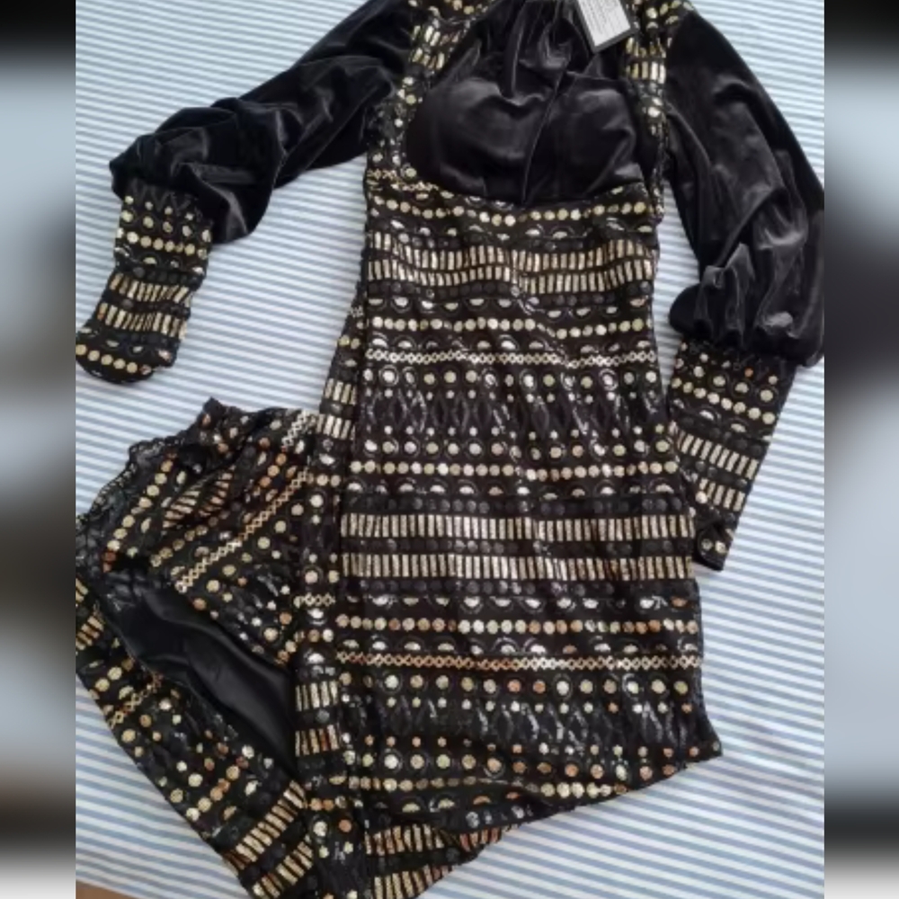 Vintage Black Velvet Bishop Sleeve Sequins Bodycon Ankle Length Dress - Picture 10 of 11